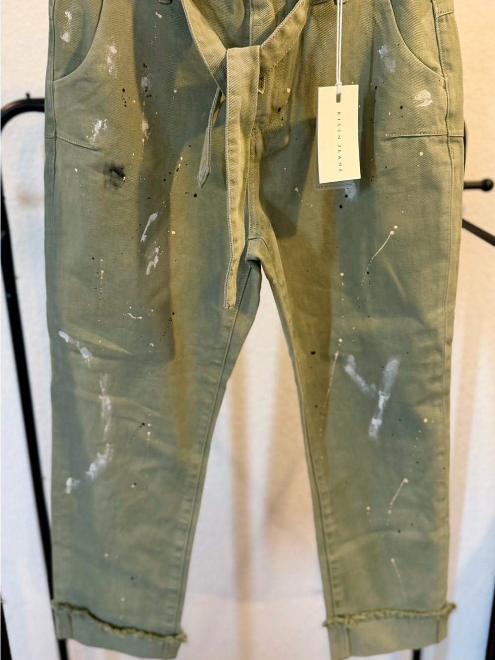 Risen Paint-Splatter Belted Slouch Jeans Olive